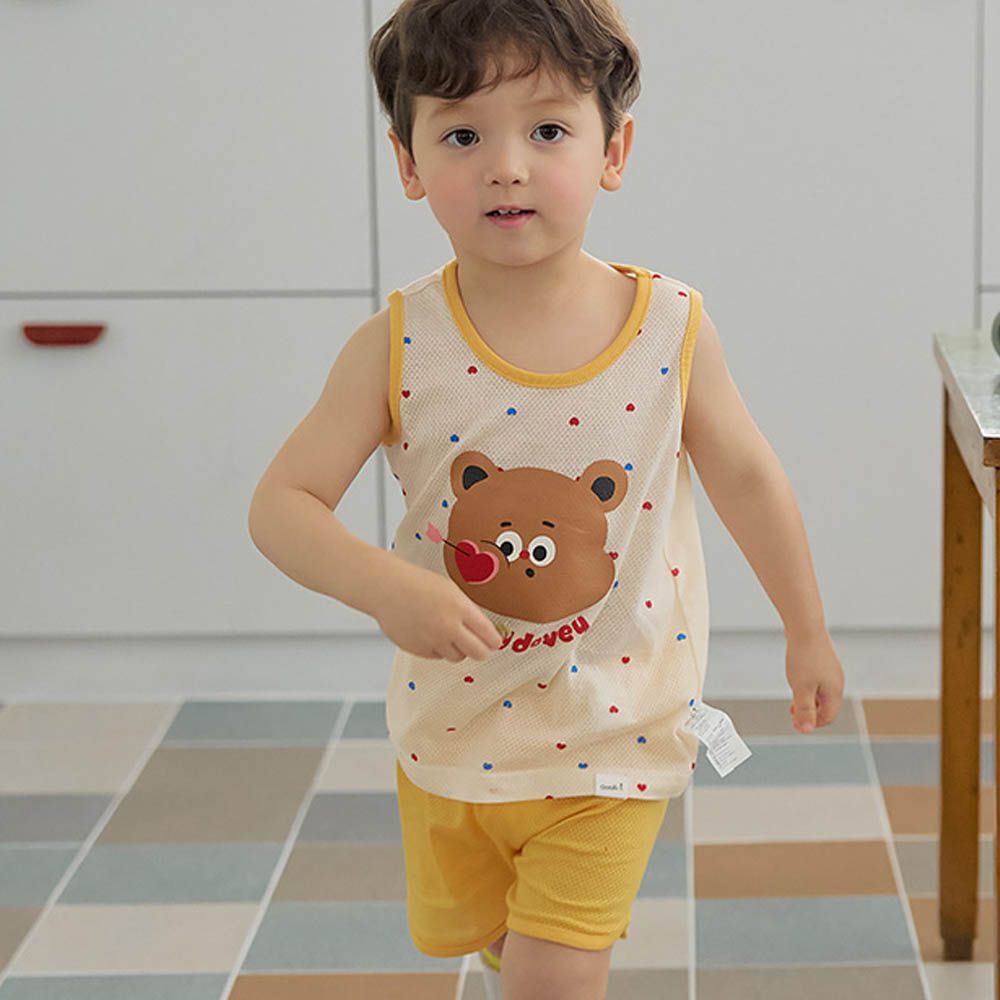 透氣網眼洞洞無袖家居服/睡衣-戀愛熊熊-米X黃