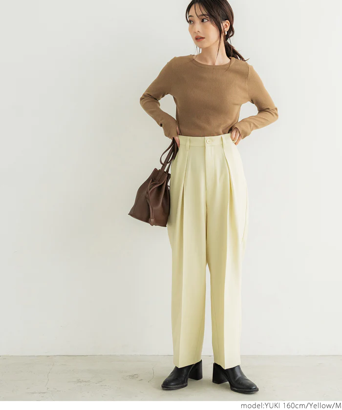 日本 COCA - 百搭垂墜感打摺西裝寬褲-淺鵝黃