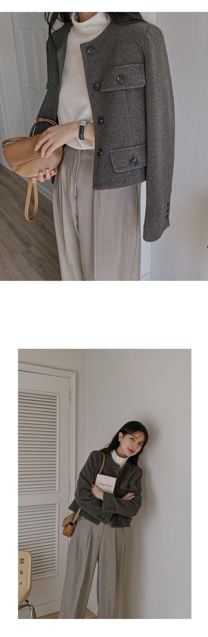 韓國 Urbantheroom - 高質感排釦無領短版夾克-卡其灰 (Free)