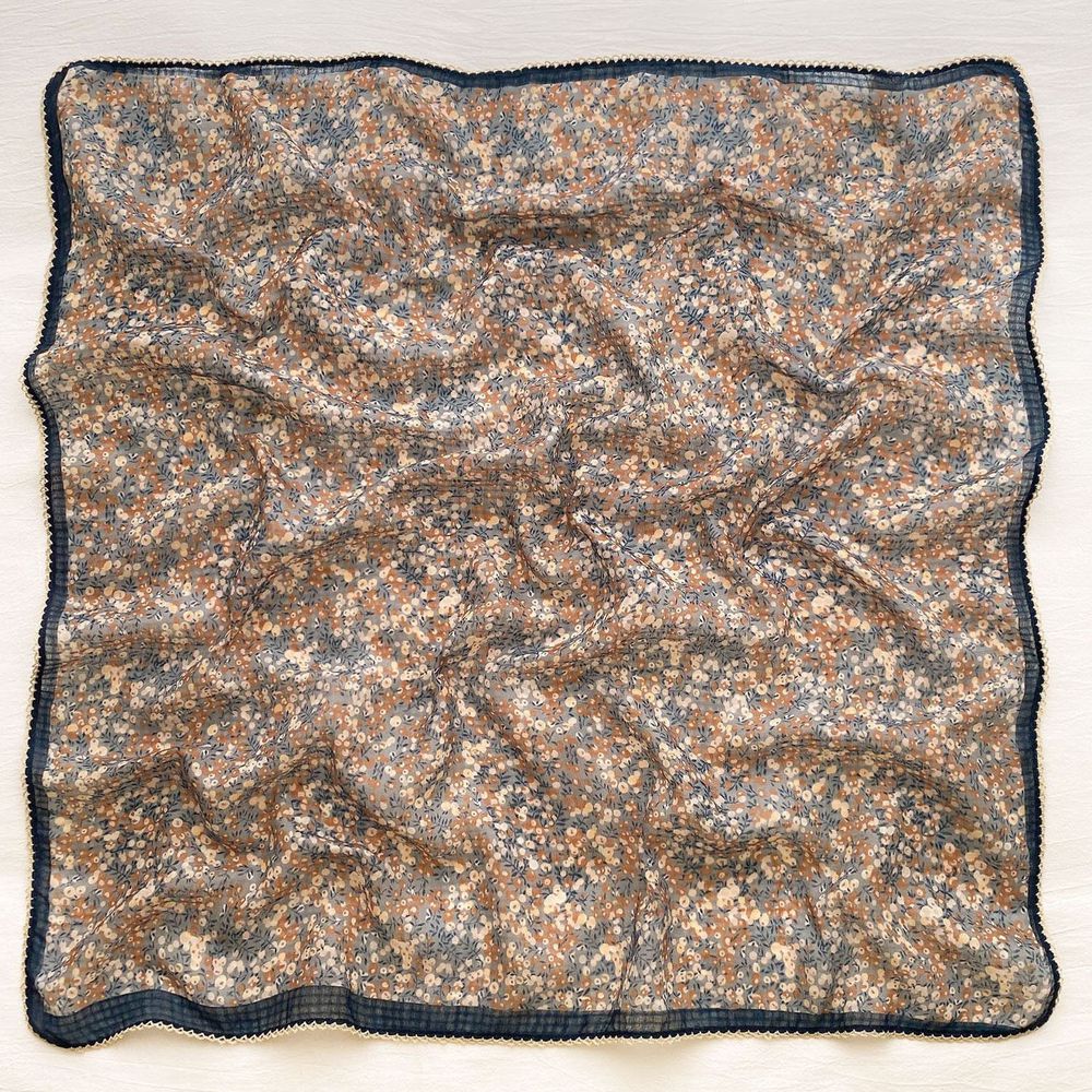 法式棉麻披肩方巾-清新小碎花-藍灰色 (90x90cm)