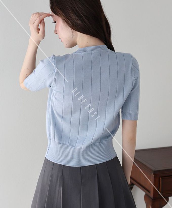 日本 BLUE EAST - 羅紋彈性薄針織五分袖上衣-水藍