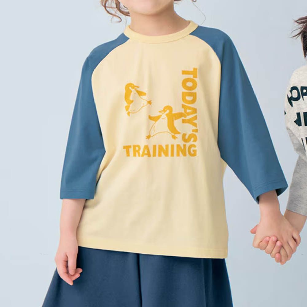 GITA 純棉印花七分袖上衣-企鵝練功-奶黃X藍