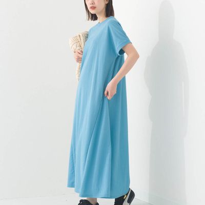 日本 OMNES - 接觸涼感 嫘縈圓領傘狀短袖洋裝-天空藍