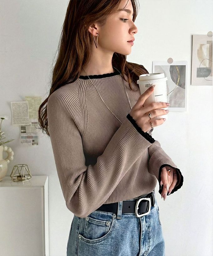 日本 Classical Elf - 羅紋針織典雅滾邊長袖上衣-海軍藍