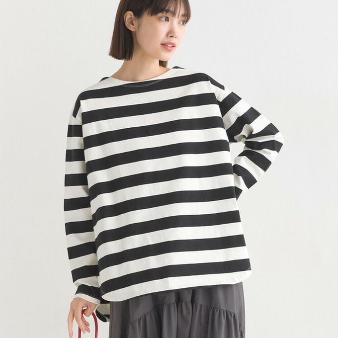 日本 OMNES - 純棉厚磅定番條紋長袖上衣-黑x白