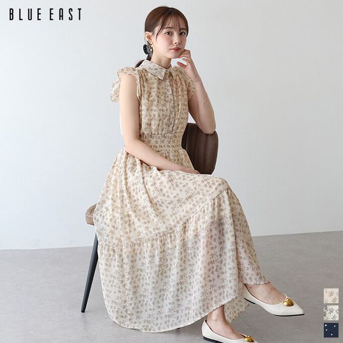 日本 BLUE EAST - 甜美雪紡束腰小荷葉短袖洋裝-碎花-米杏 (M)