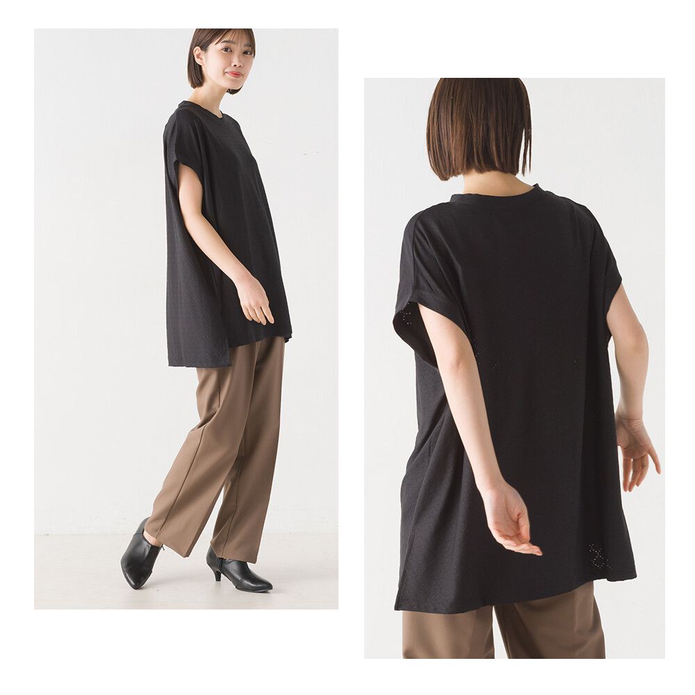 日本 OMNES - 低調蕾絲落肩長版短袖上衣-淺粉紫