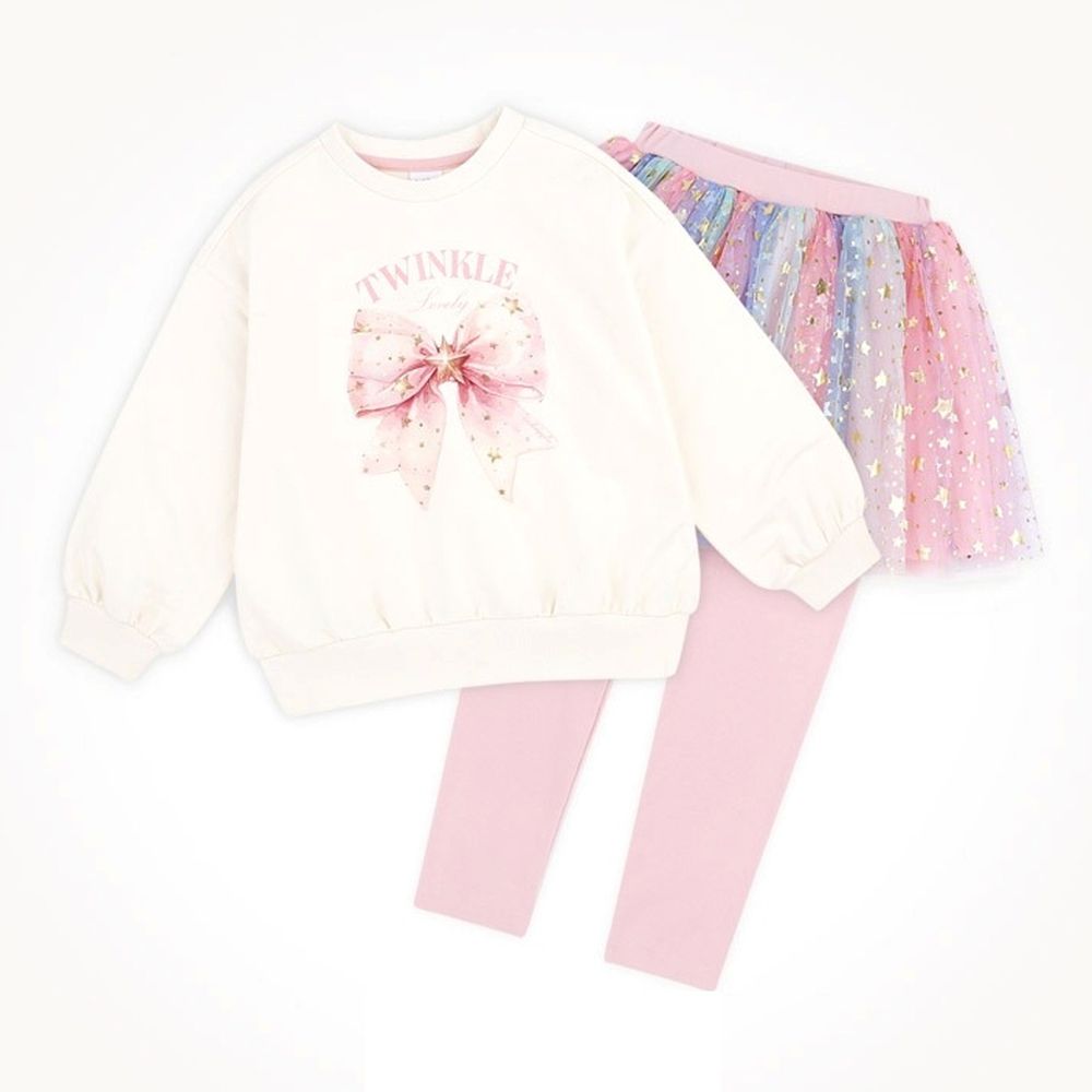 蝴蝶結長袖上衣X亮片網紗裙內搭褲套裝-象牙白X粉