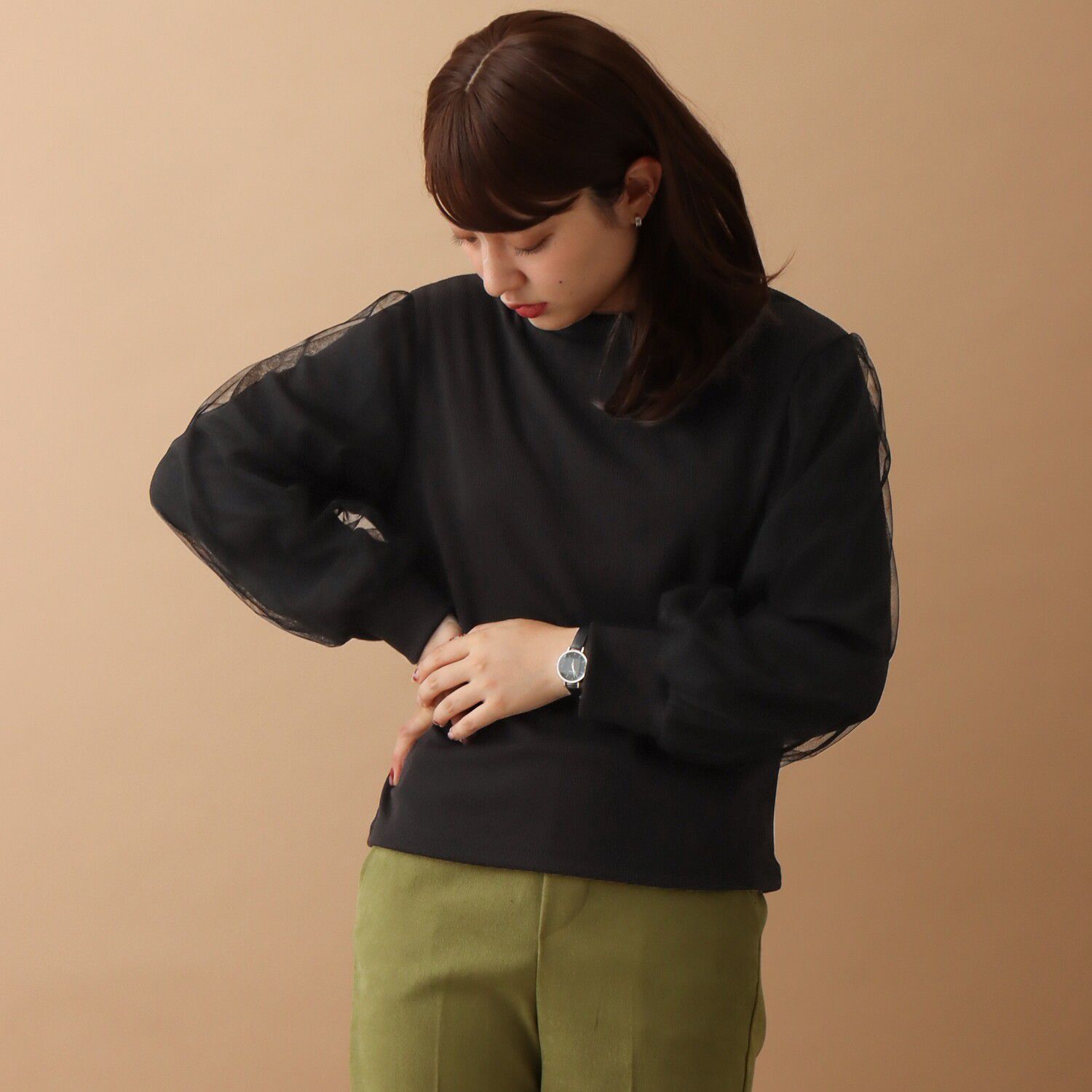 日本 libelle more - 薄紗拼接羅紋長袖上衣-杏