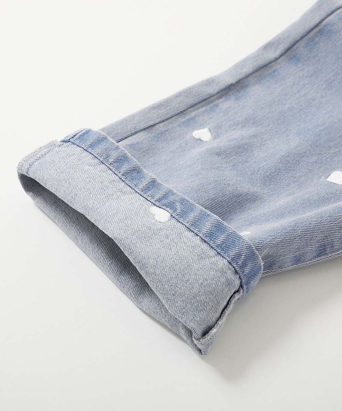 日本 devirock - 甜美亮麗刺繡刷色丹寧寬褲-愛心-淺藍