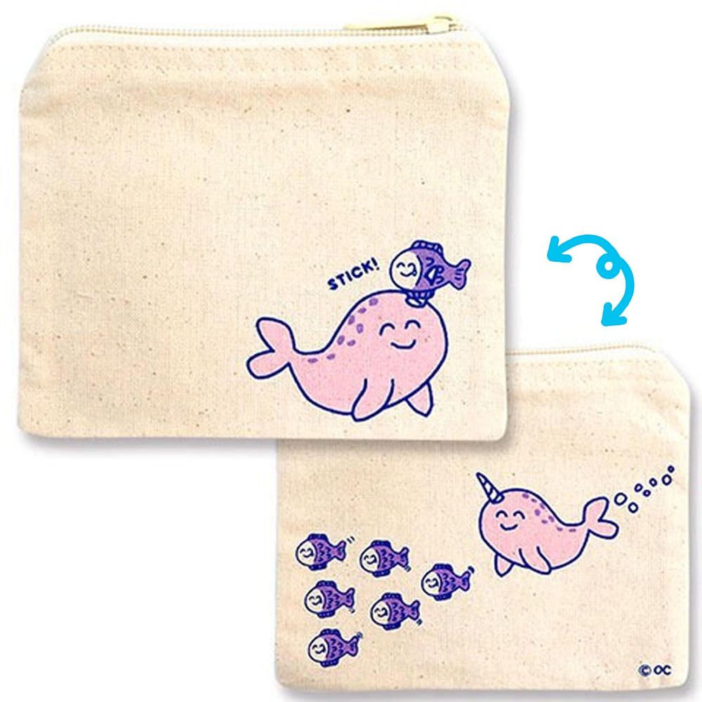 日本 OKUTANI - 童趣插畫純棉零錢包/小物收納包-角鯨 (12x14.5cm)