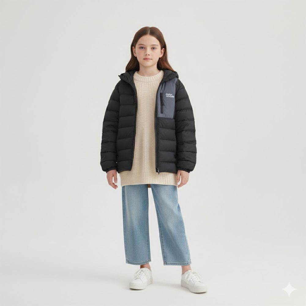 (100%鴨絨)休閒風拼色輕量羽絨連帽外套-黑