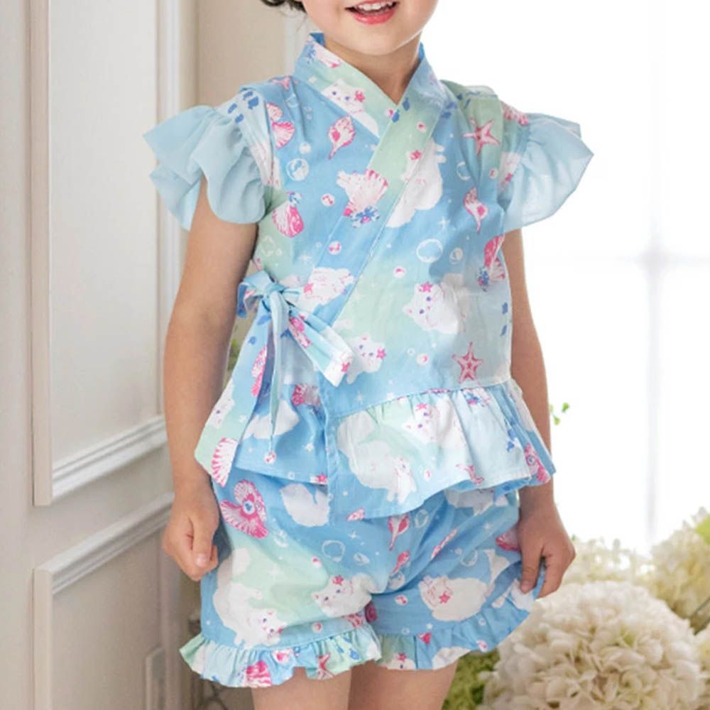 甜美澎澎荷葉純棉二件式甚平-波斯貓-水藍