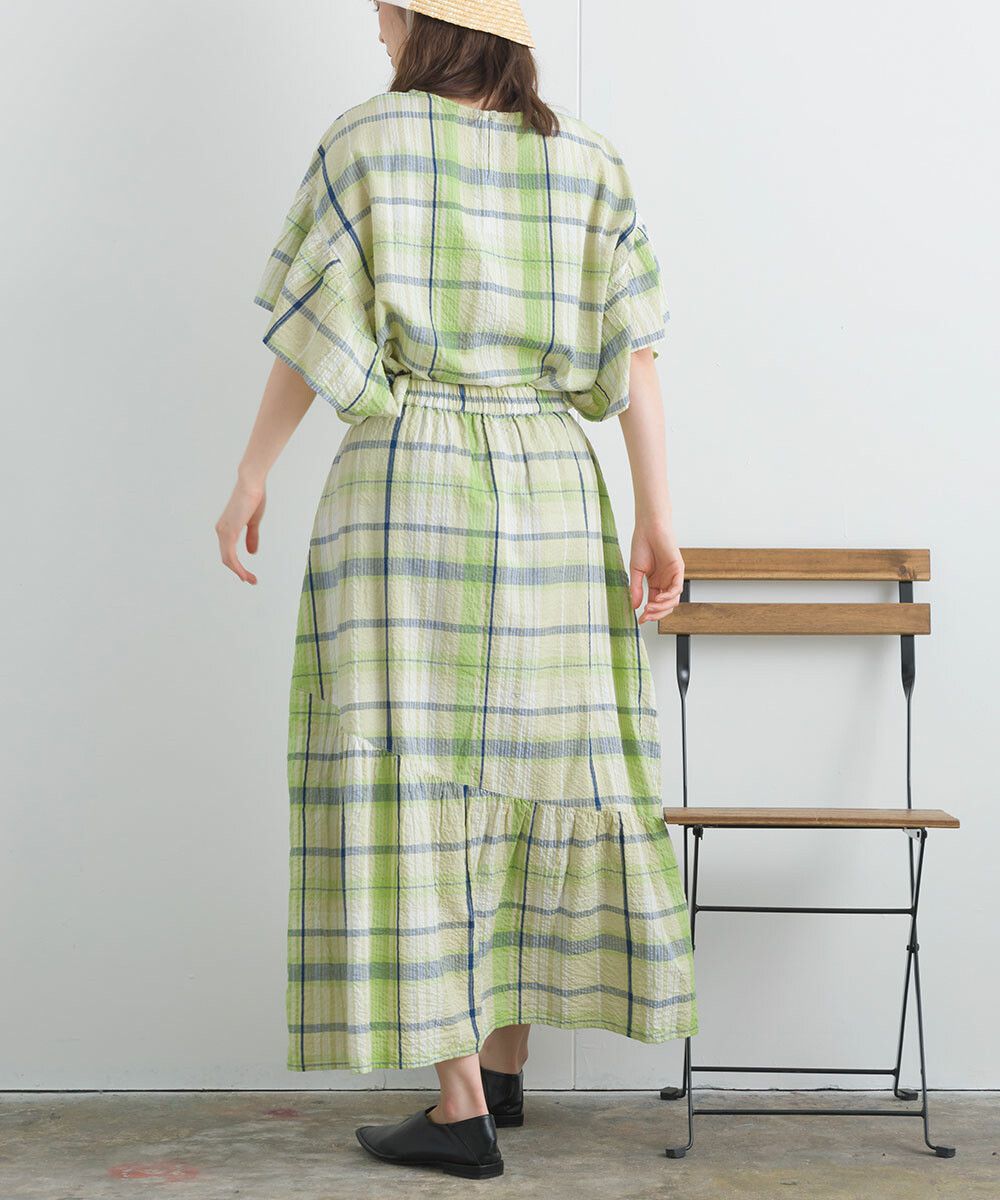 日本女裝代購 - 100%印度棉 超透氣飄逸長裙-大格紋-淺米杏