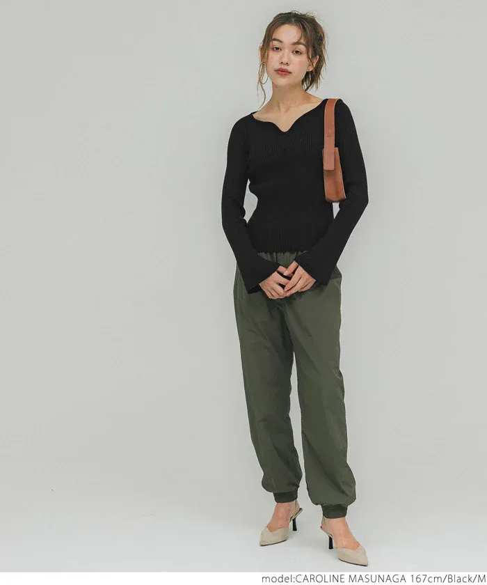 日本 COCA - 不規則領羅紋彈性上衣-黑