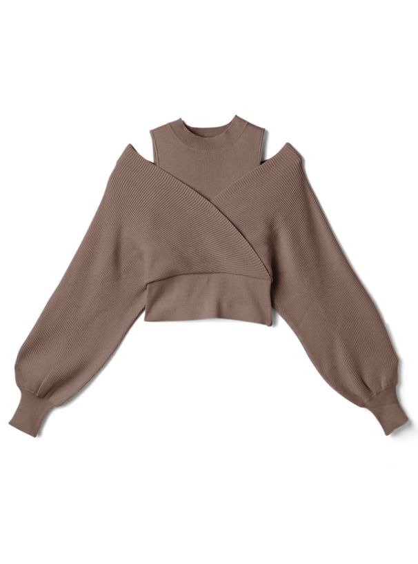 日本 GRL - 微立領挖肩針織上衣-深可可