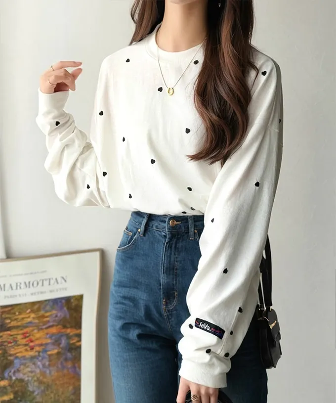 日本 Classical Elf - Java 滿版甜蜜心型長袖上衣-海軍藍x紅