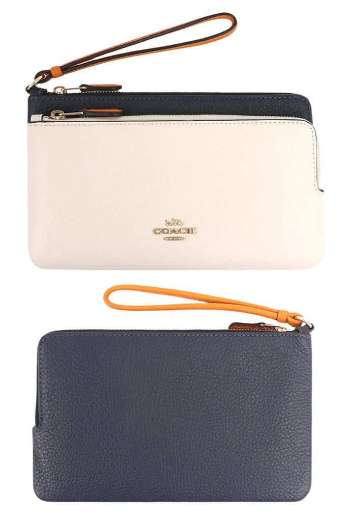 COACH - 拼接皮革雙層手拿包 (白深藍雙色)