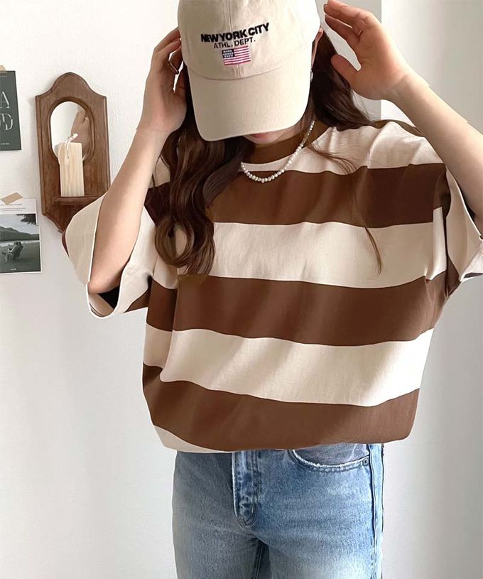 日本 Classical Elf - Java 純棉寬條紋落肩五分袖上衣-咖啡x米杏