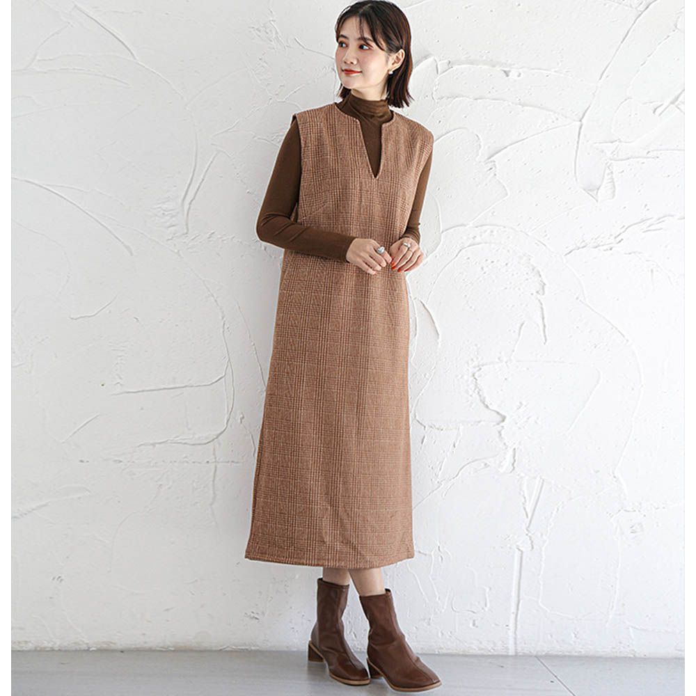 毛呢感V領背心裙-小V領-咖啡格