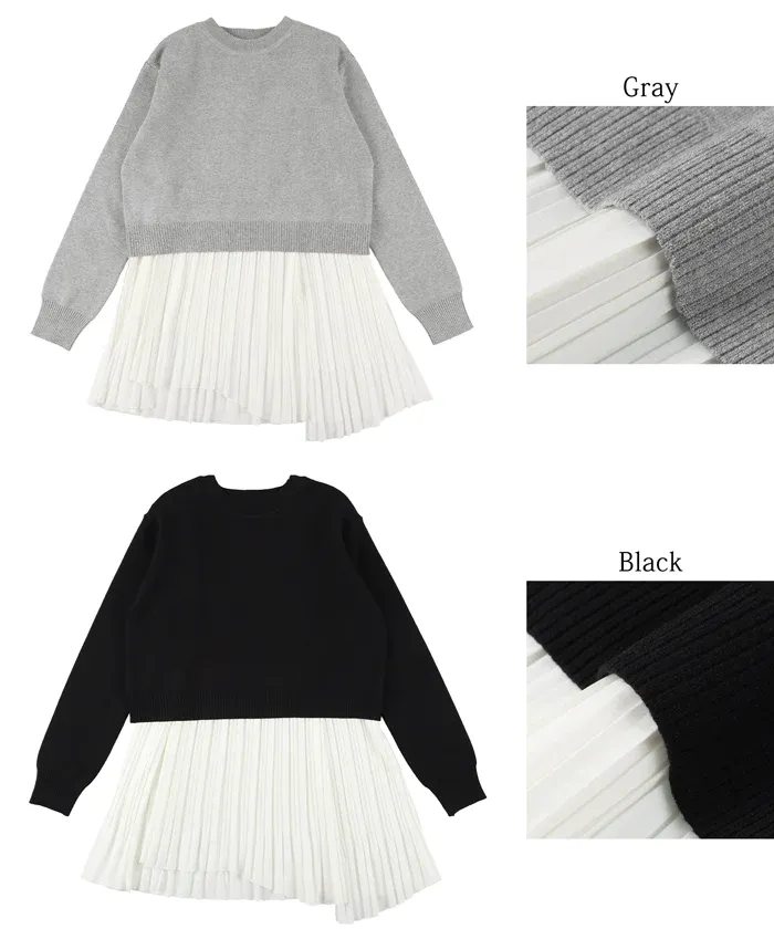 日本 COCA - 細摺拼接圓領針織長袖上衣-黑