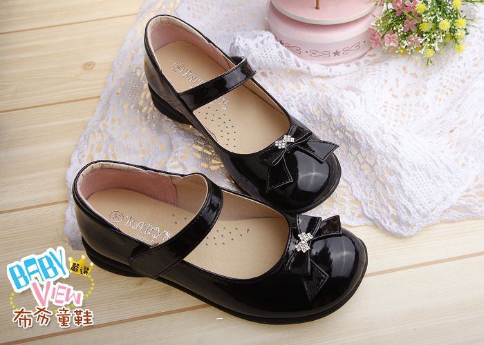 典雅淑女風格蝴蝶結鑽飾亮黑色公主鞋