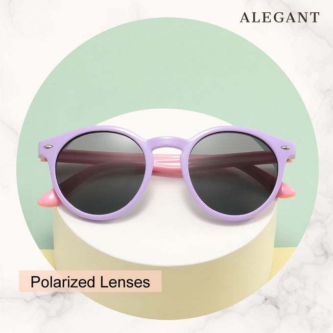 ALEGANT - 奇幻探險小貓紫兒童專用輕量矽膠彈性太陽眼鏡/UV400圓框偏光墨鏡