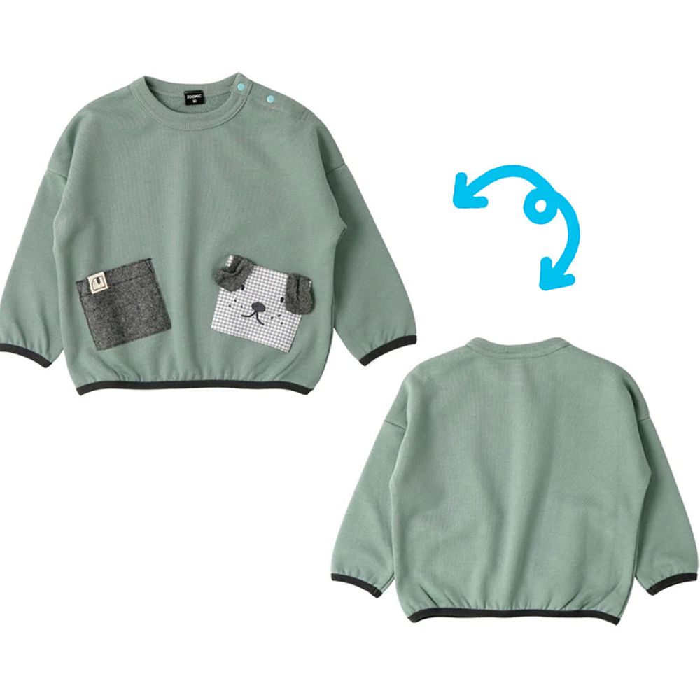 日本 ZOOLAND - 印花拼接長T-格紋口袋小狗-灰綠