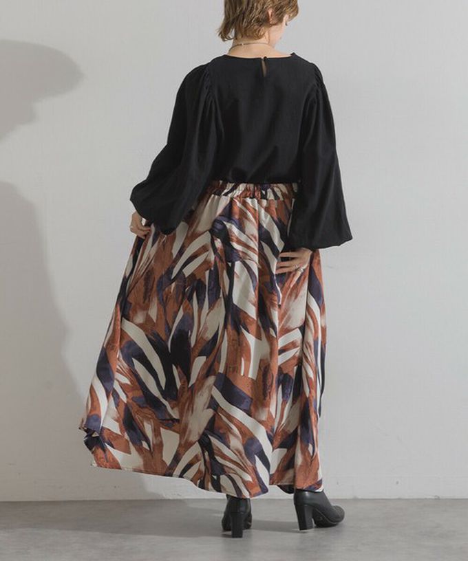 日本 Lupilien - 油畫線條感印花飄逸長裙(附口袋)-橘藍系