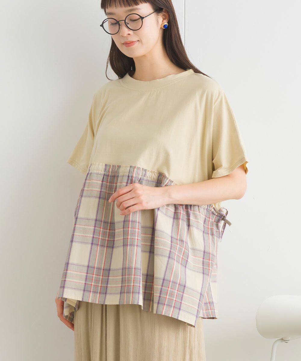 日本女裝代購 - 清新側綁帶拼接短袖上衣-卡其格紋