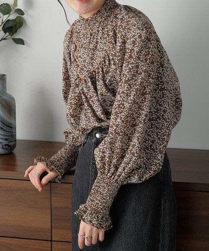 日本 Bou Jeloud - 歐風碎花澎澎袖上衣-氣質黑