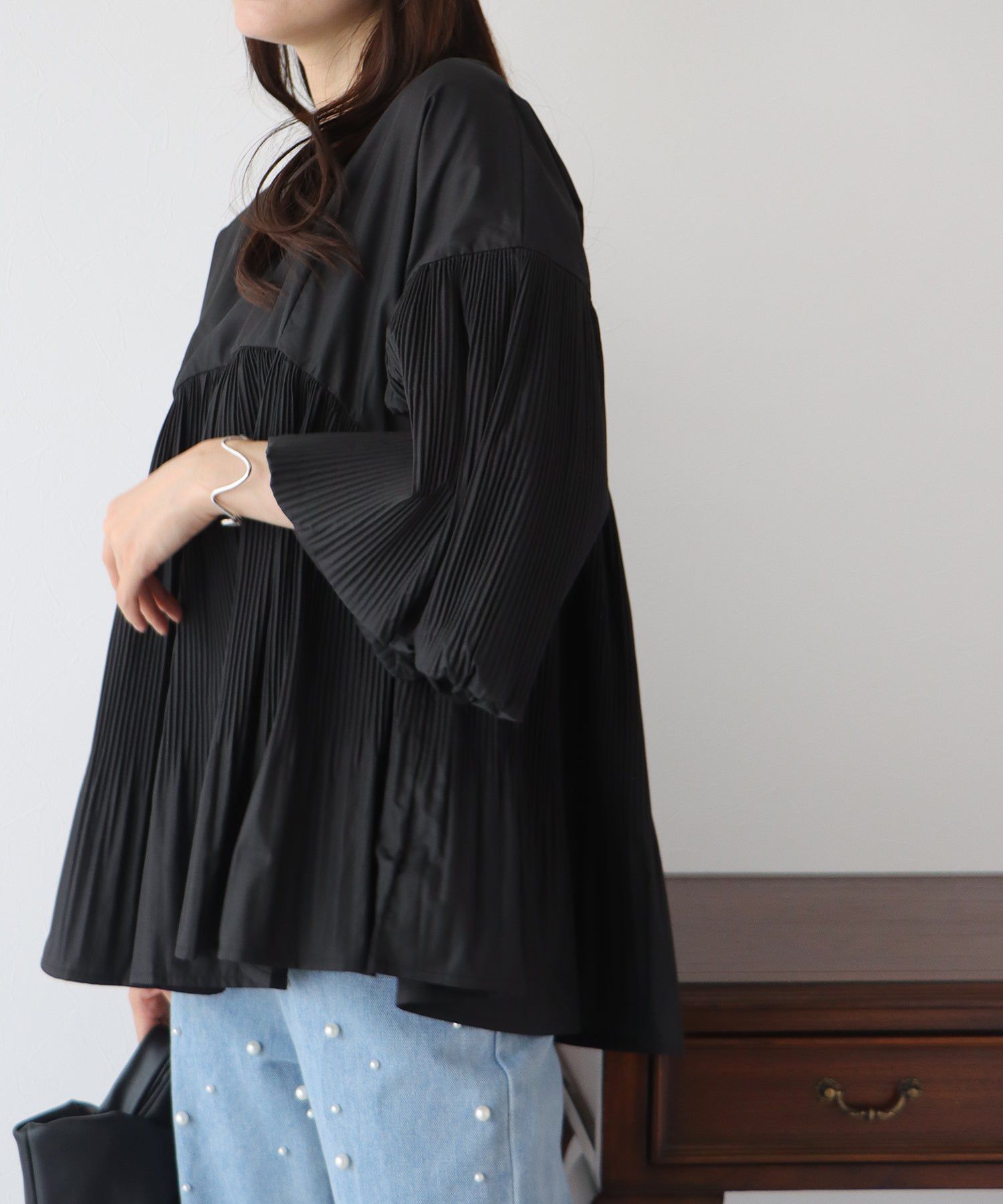 日本 BLUE EAST - 楊柳拼接五分袖上衣-奶茶