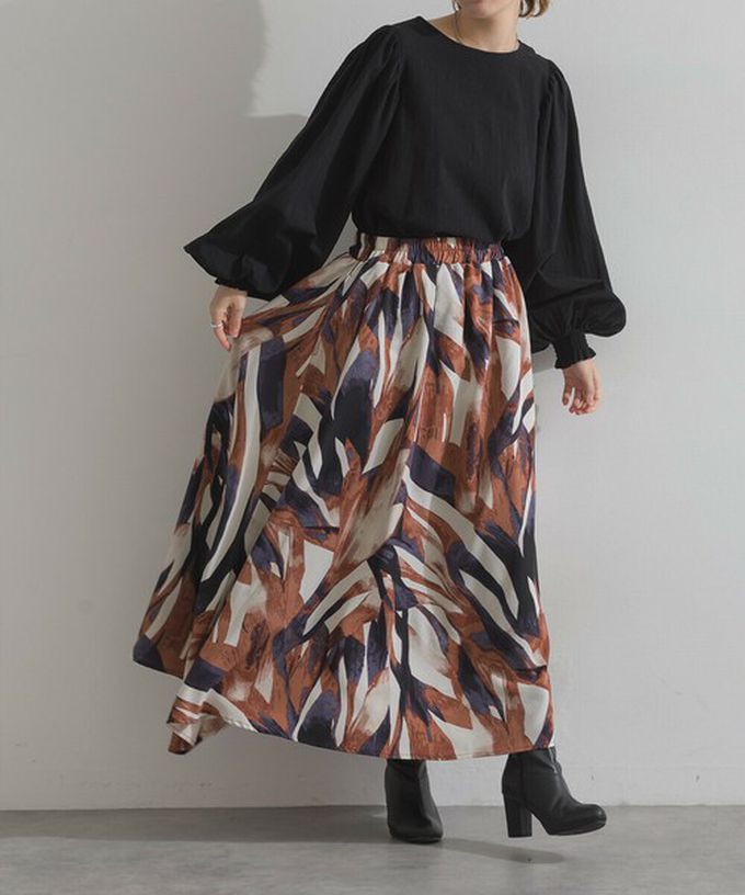 日本 Lupilien - 油畫線條感印花飄逸長裙(附口袋)-綠棕系