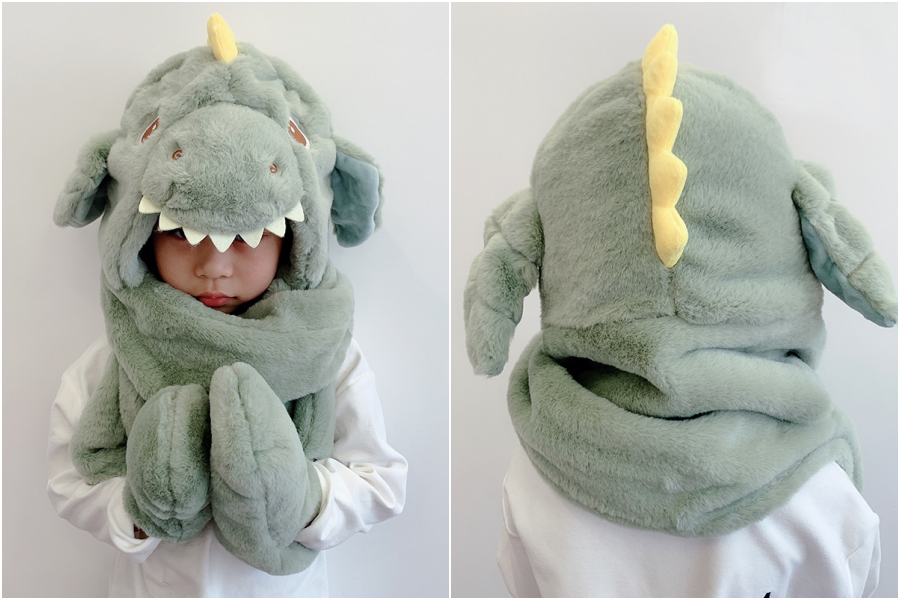 毛絨絨圍脖手套一體帽-卡其色 ((建議5歲-12歲))