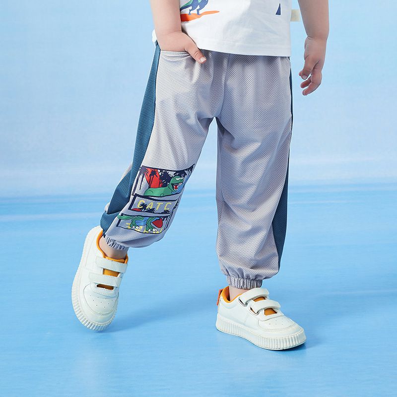 卡通圖束口長褲/防蚊褲-漫畫框恐龍-深藍+白