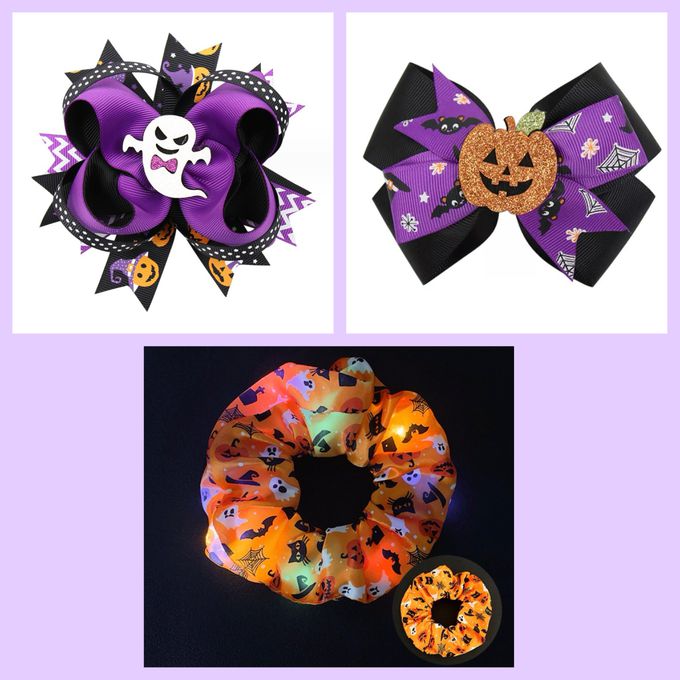 萬聖節LED發光髮圈+南瓜白鬼蝴蝶結髮夾