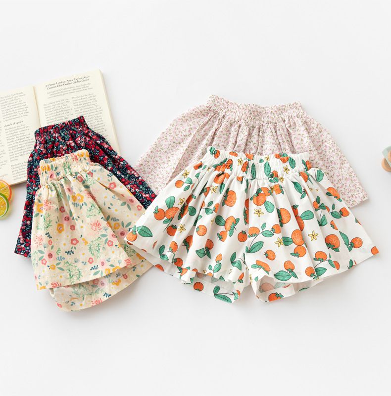 FANMOU - 99%棉腰鬆緊印花短褲-碎花-卡其色