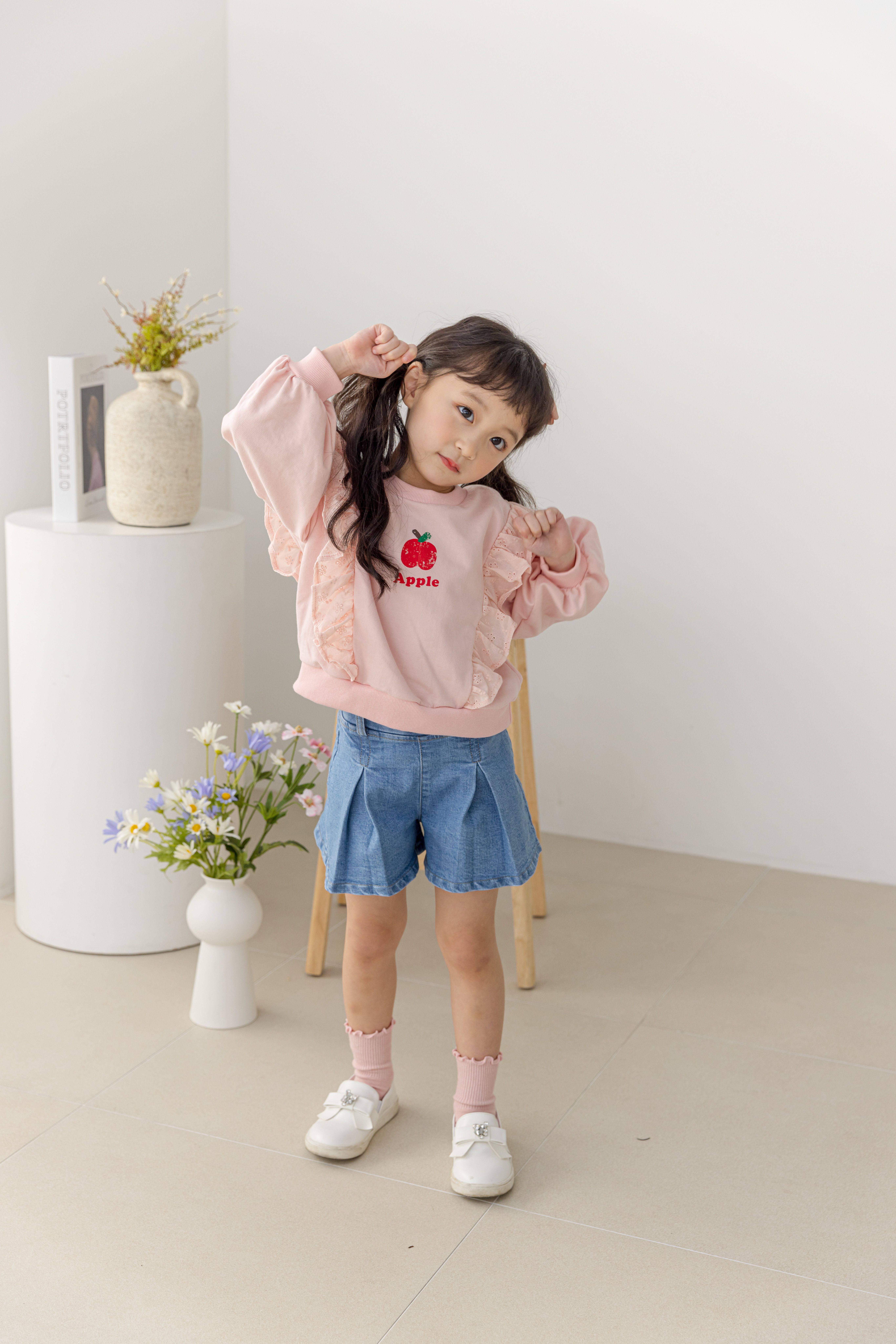 韓國 Orange Mom - 荷葉裝飾蘋果泡泡袖上衣-粉紅