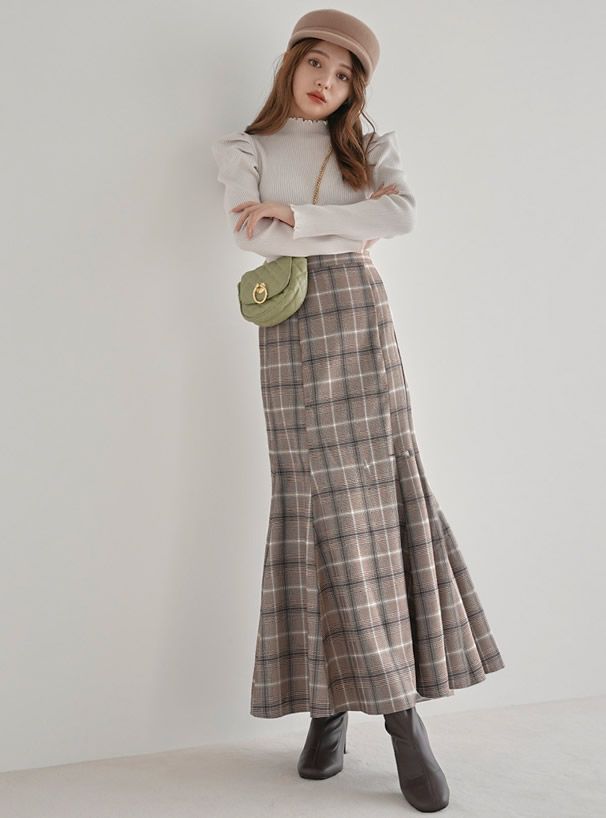 日本 GRL - 格紋魚尾裙-咖啡