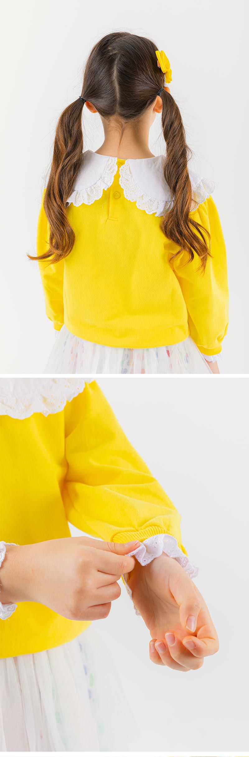 韓國 OZKIZ - 雕花蕾絲荷葉領長袖大學T-黃