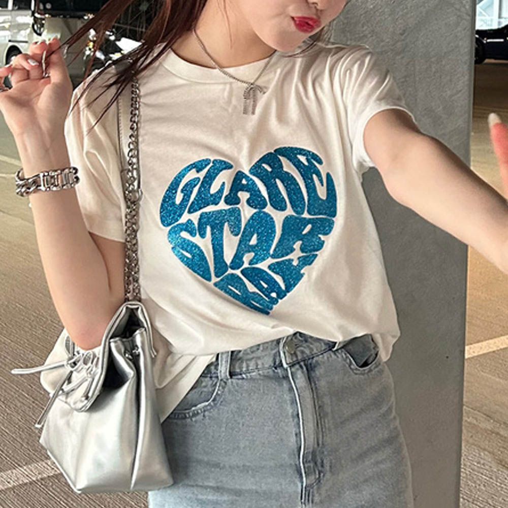 閃耀亮片愛心印花短袖T恤-白x藍 (F)