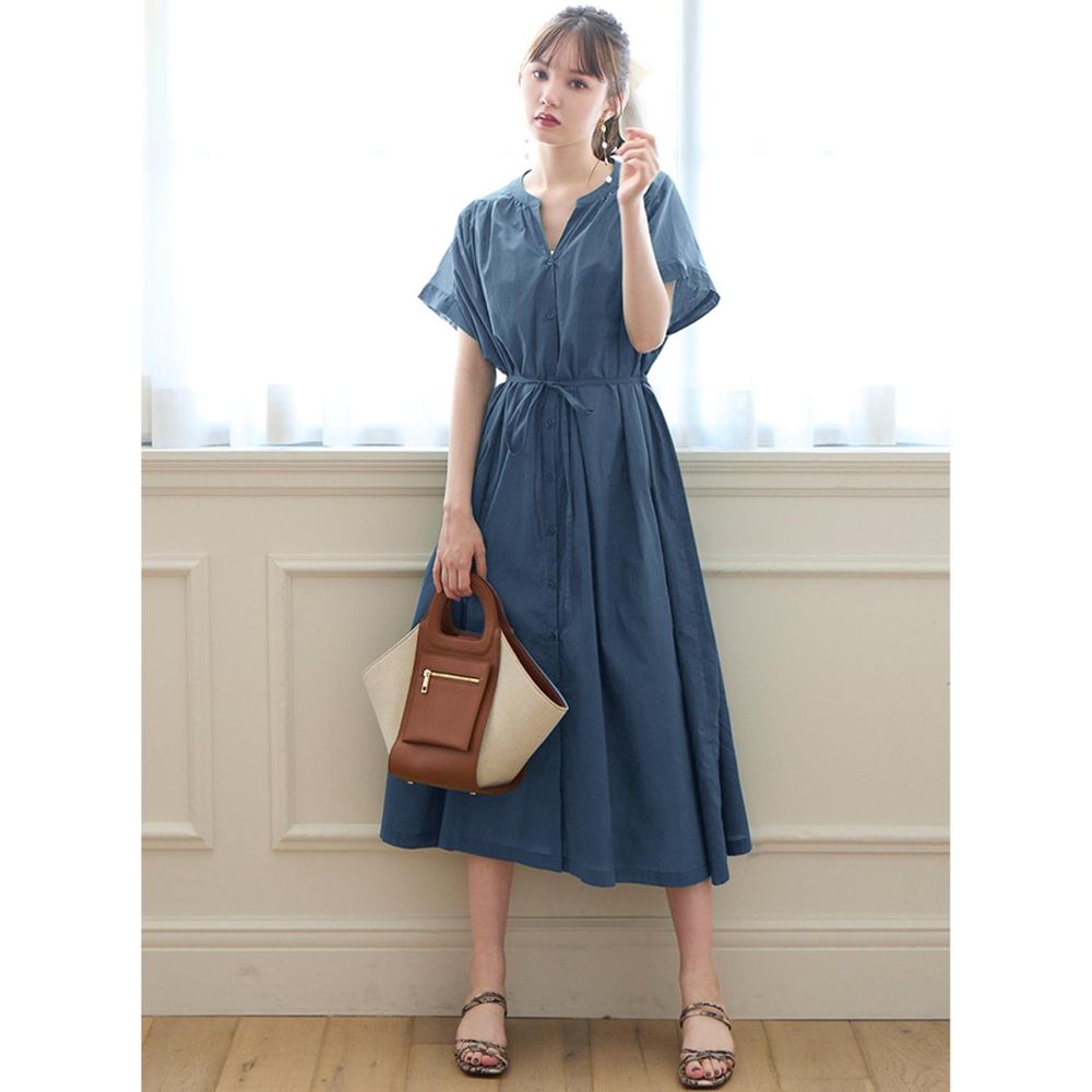 日本 GRL - 顯瘦V領排釦綁帶法式短袖洋裝-寶石藍
