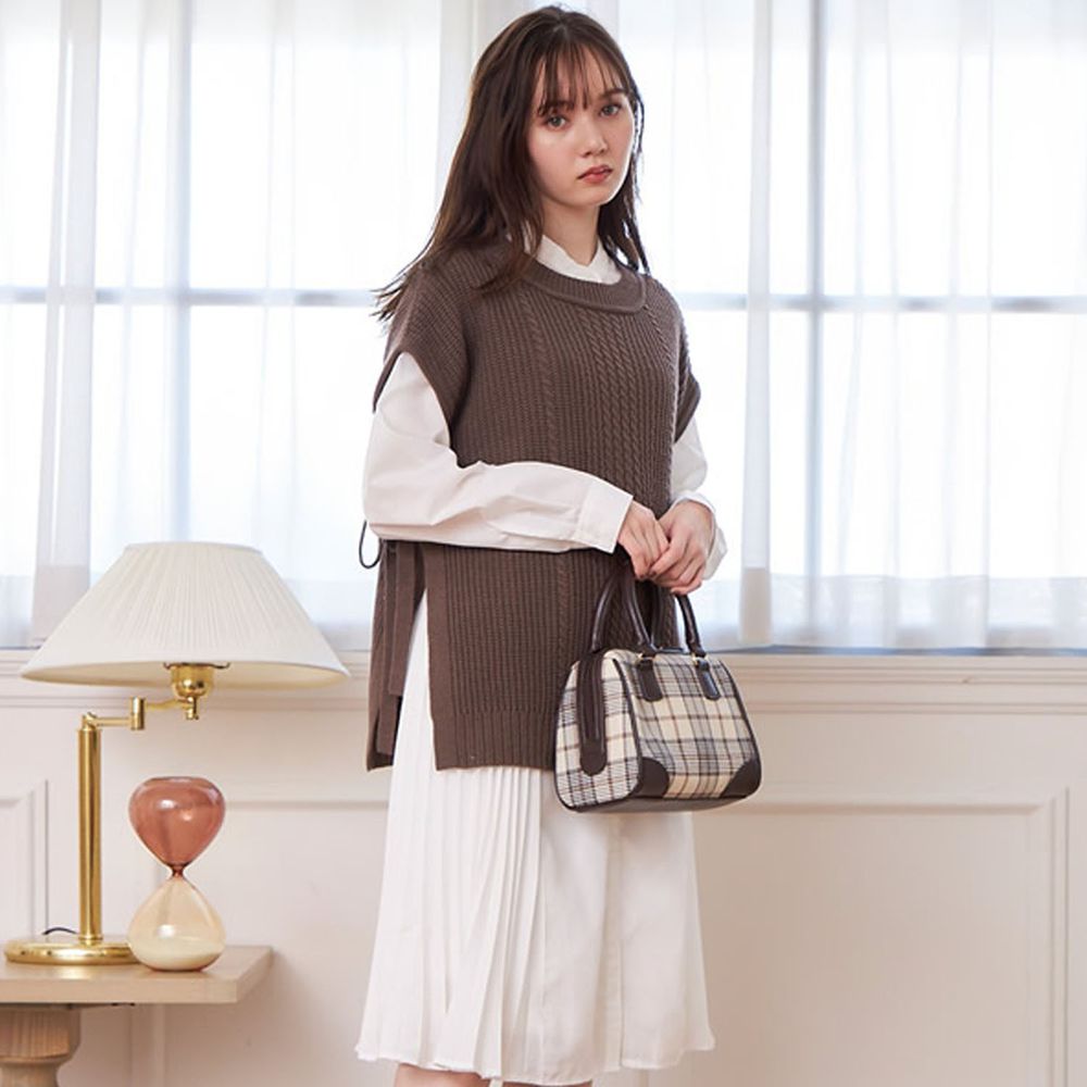 日本 GRL - 針織背心X長袖素面長袖洋裝兩件組-咖啡