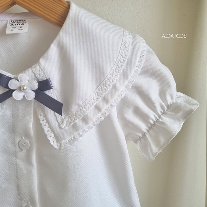 韓國 AIDA - 大方花布雕刻翻領短袖襯衫-白