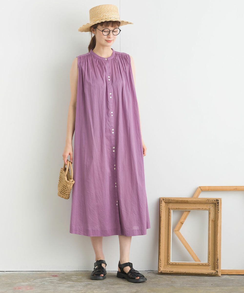 日本女裝代購 - 100%印度棉 涼爽輕盈排扣無袖洋裝-薰衣草
