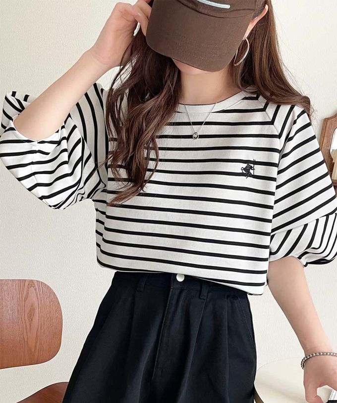 日本 Classical Elf - 定番條紋logo刺繡燈籠短袖上衣-白底