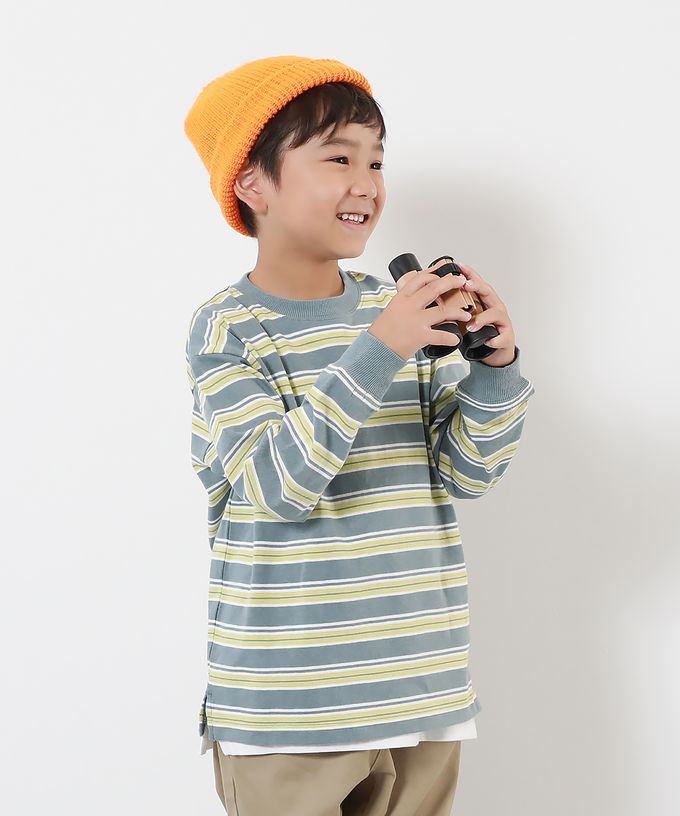 日本 devirock - 100%棉 百搭條紋長袖上衣-藍x橘紅