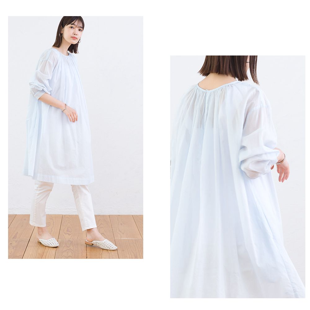 日本 OMNES - 微透膚圓領落肩長袖洋裝-白