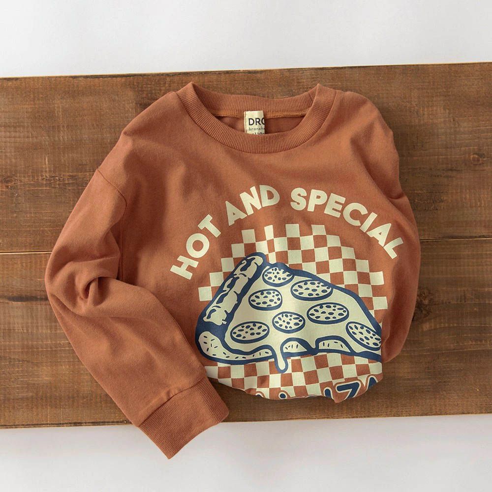 100%棉 百搭印花縮口長袖上衣-美味披薩-棕橘