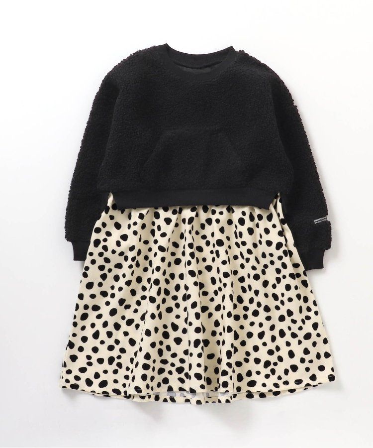 日本 BREEZE - 毛絨印花拼接長袖洋裝-黑x白斑點